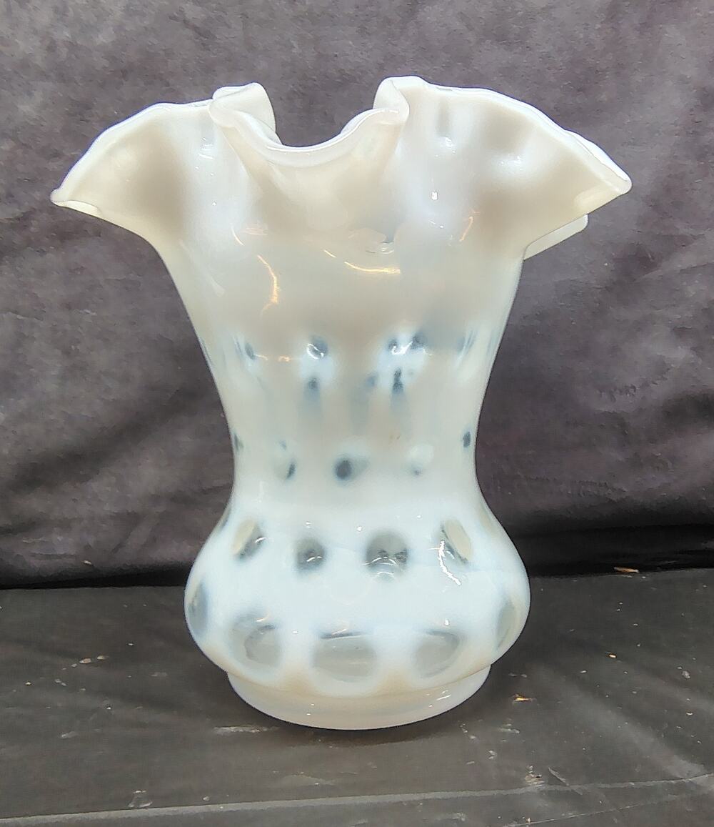 White Opalescent Coin Dot Vase with Ruffled Top Edge by Fenton